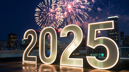 photo of a large glowing 2025 text in metallic bold numbers illuminate against a night sky with fireworks 