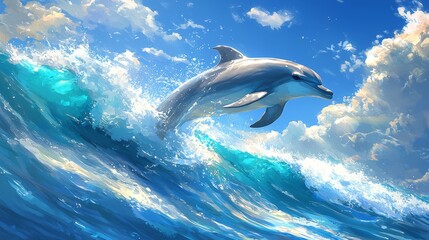 Fototapeta premium Blue dolphin leaping through ocean waves, bright sunlight on body, clear skies