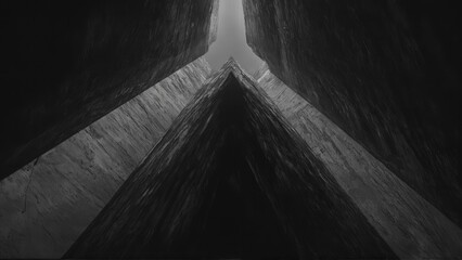 Generative AI, Dark, dramatic black-and-white architectural photograph of towering concrete walls with minimal light and sharp geometric contrasts