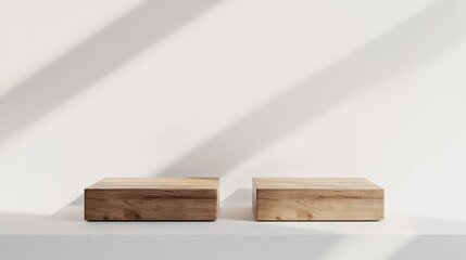 A minimal and simple design featuring two rectangular wooden podiums side by side on an empty white background