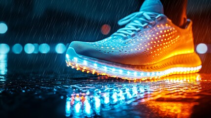Close-up of an illuminated sneaker, glowing lines along the sole, dashing on a rainy night road, intense blue and orange light reflections