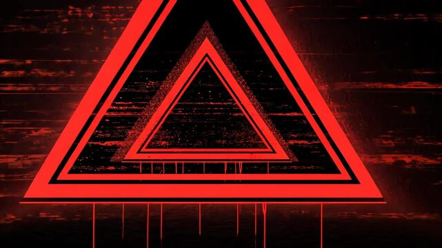 A red triangle with black outlines against a dark red background with a static effect