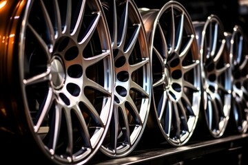 Close Up of Silver and Black Alloy Car Wheels Rims on a Shelf, Automotive Industry Concept.