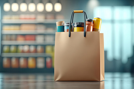 Close-up auf eine Papiertragetasche, die auf dem Boden von einem Supermarkt steht, gef&uuml;llt mit Lebensmitteln &ndash;Dosen, Saucen und Konserven im modernen Stil vor Einkaufsregalen.