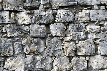 A textured stone wall with varying shades of gray and patches of lichen.