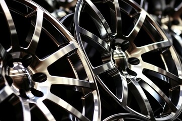 Close Up of Stacked Shiny Silver and Black Metallic Alloy Car Wheels with Multiple Spokes