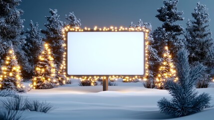 Holiday billboard in a snowy setting, framed by decorated pine trees and glowing Christmas lights, ready for adding seasonal promotional content