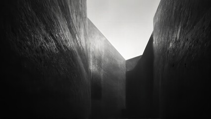Generative AI, Dark, dramatic black-and-white architectural photograph of towering concrete walls with minimal light and sharp geometric contrasts