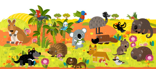 cartoon scene with frame border template with african animals and nature like kangaroo koala dingo tasmanian devil emu duck platypus parrot birds and other with space for text illustration for kids