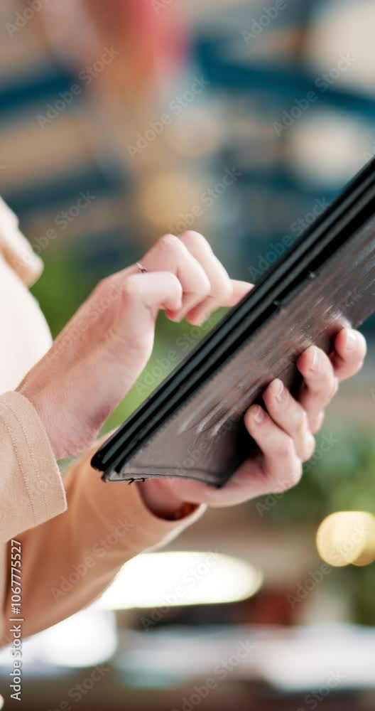 Leinwandbilder student, hands and typing on tablet at university for online research, writing email and checking ex