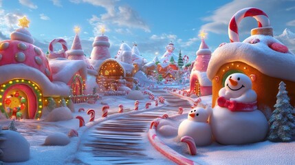 A Festive Candy Cane Village with Snowmen and a Winding Pathway