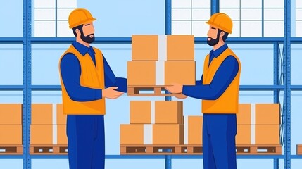 Two workers dressed in safety gear are transferring boxes in a warehouse, highlighting teamwork and logistics.