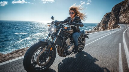 Obraz premium Woman riding motorcycle along scenic coastal road under clear blue sky