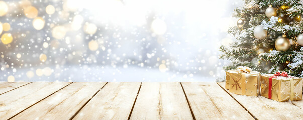 Holiday image background - A festive scene with a snowy background, a decorated tree, and gift boxes.