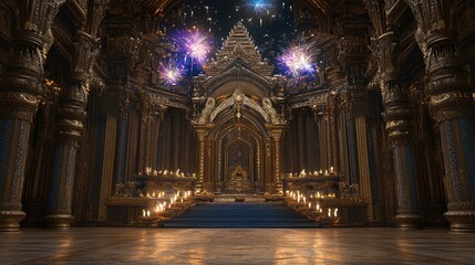 Obraz premium Grand Hall with Statues and Colorful Fireworks Display