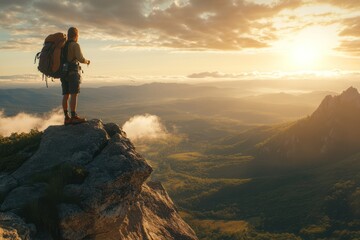 Fototapeta premium Hiker on a Mountaintop at Sunrise