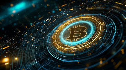 Abstract Bitcoin Coin with Holographic Data Streams on Black Background
