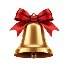 Shiny gold bell ornament with a red bow, isolated on a transparent background, perfect for holiday decorations and festive themes