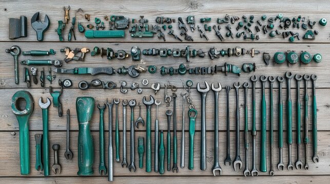 Collection of Vintage Tools on Wooden Background
