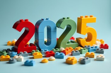 The image showcases colorful blocks arranged as the year 2025, on a light background with scattered building pieces