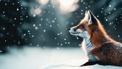 Obraz premium A serene fox gazes into the distance as snowflakes gently fall, creating a tranquil winter scene filled with natural beauty.
