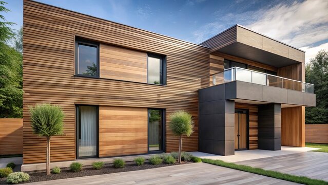 Wood texture composite cladding installation on modern house facade with WPC exterior wall siding panels, wood, texture