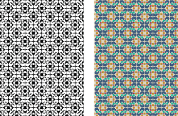 set of colored and black and white seamless patterns geometric Islamic art arabesque.