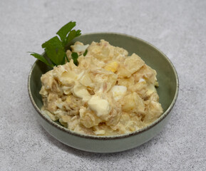 Potato salad. Closeup view of a salad made with tuna, sliced boiled potatoes, a hard boiled chopped egg and mayonnaise in a bowl	
