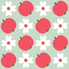 Simple summer pattern with flowers and apples. Geometric retro print for curtain, tablecloth, textile and fabric. Hand drawn vector background for decor and design.