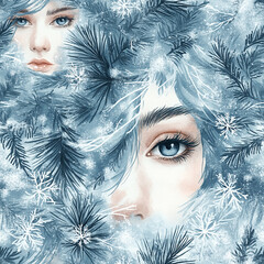 Seamless repeating pattern of a winter spirit with icy hair and snowflakes caught in her lock