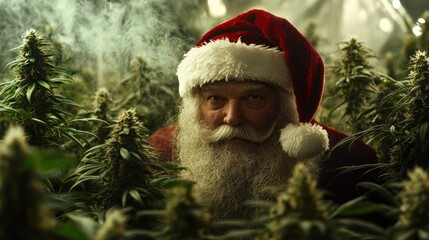 Santa Claus hiding among cannabis plants in a greenhouse setting