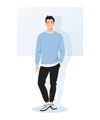 A young man in a blue sweater and black trousers stands confidently. The style is urban casual, light and modern. The minimalist background emphasizes the character.