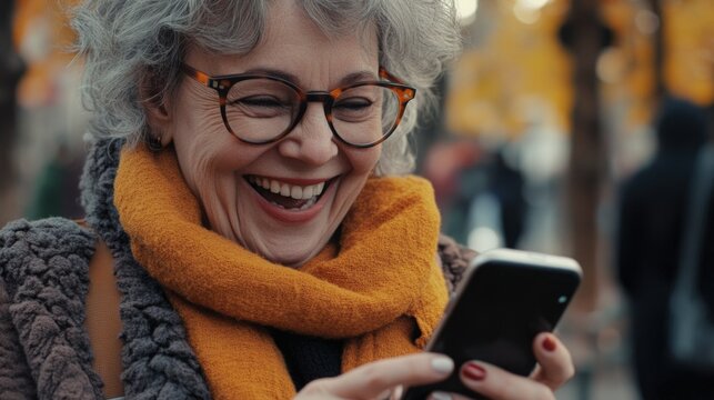 Smiling Woman Using Cellphone Outdoors