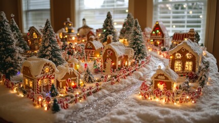 Fototapeta premium Illuminated Gingerbread Village with Candy Cane Fence