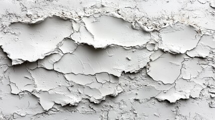 Obraz premium Close-up of a cracked white plaster wall with peeling paint, creating a rough texture. This weathered surface is ideal for use in backgrounds, adding a rustic and aged element to designs.