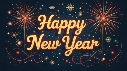 Happy New Year inscription close-up, fireworks on a dark background. Concept holiday, text, congratulation, party, letter, invitation, word, calendar, plan, event, design, template, festival, event