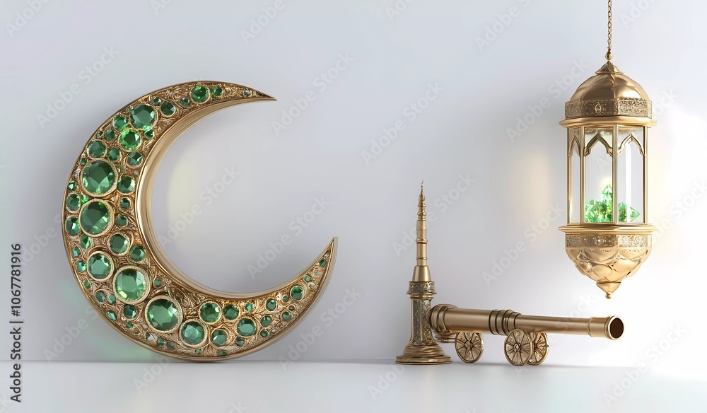 Fototapete 3d vector illustration of a set design for ramadan kareem, featuring a mosque lantern and a green mo