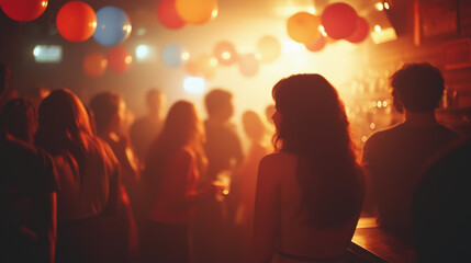 a celebration background at a party with balloons, music, and festive decorations in a nightclub