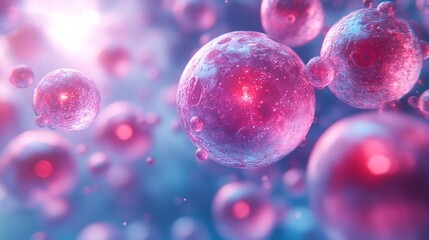 3D Render of Pink and Red Cells on a Blue Background. Generative AI