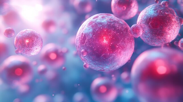 3D Render of Pink and Red Cells on a Blue Background. Generative AI