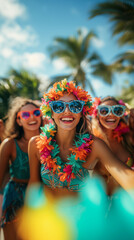  women friends wearing sunglasses and Caribbean outfits enjoying a beach party on an island with palm trees