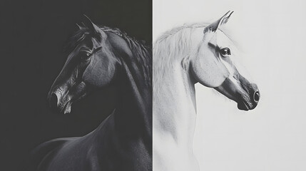 Obraz premium striking contrast of black horse and white horse, showcasing their majestic profiles against minimalist background. image captures beauty and elegance of these magnificent animals
