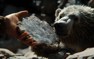 Naklejka premium A bear curiously approaches a hand holding a crystal-like stone amidst rocky terrain.