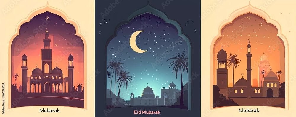 Fototapete set of four vector illustrations with simple line art, ramadan theme. mosque window with night sky a