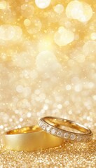 Golden Wedding Rings Rest Upon Each Other on Sparkling Gold Background, With Copy Space