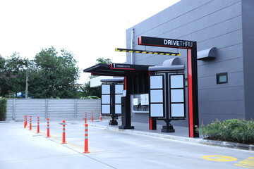 Drive thru sign in fast food restaurant. Drive thru sign into the shop. Drive through and takeaway...