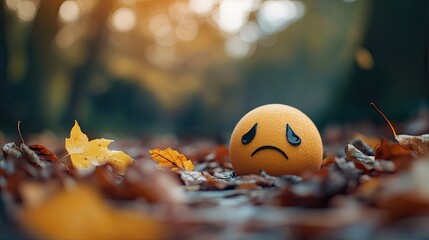 A sad face emoji lays amongst fallen leaves, symbolizing the melancholy of autumn.