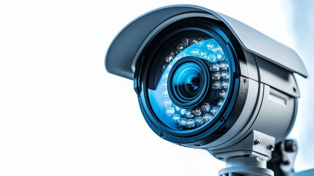 Isolated closed-circuit camera, detailed lens and frame, on a white backdrop for clean advertising, CCTV product, security equipment display
