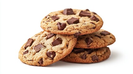 Pile of soft and chewy chocolate chip cookies with visible chocolate chunks, isolated on white background, perfect for commercial food advertisements