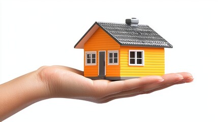 Hand Holding Small Model House on White Background